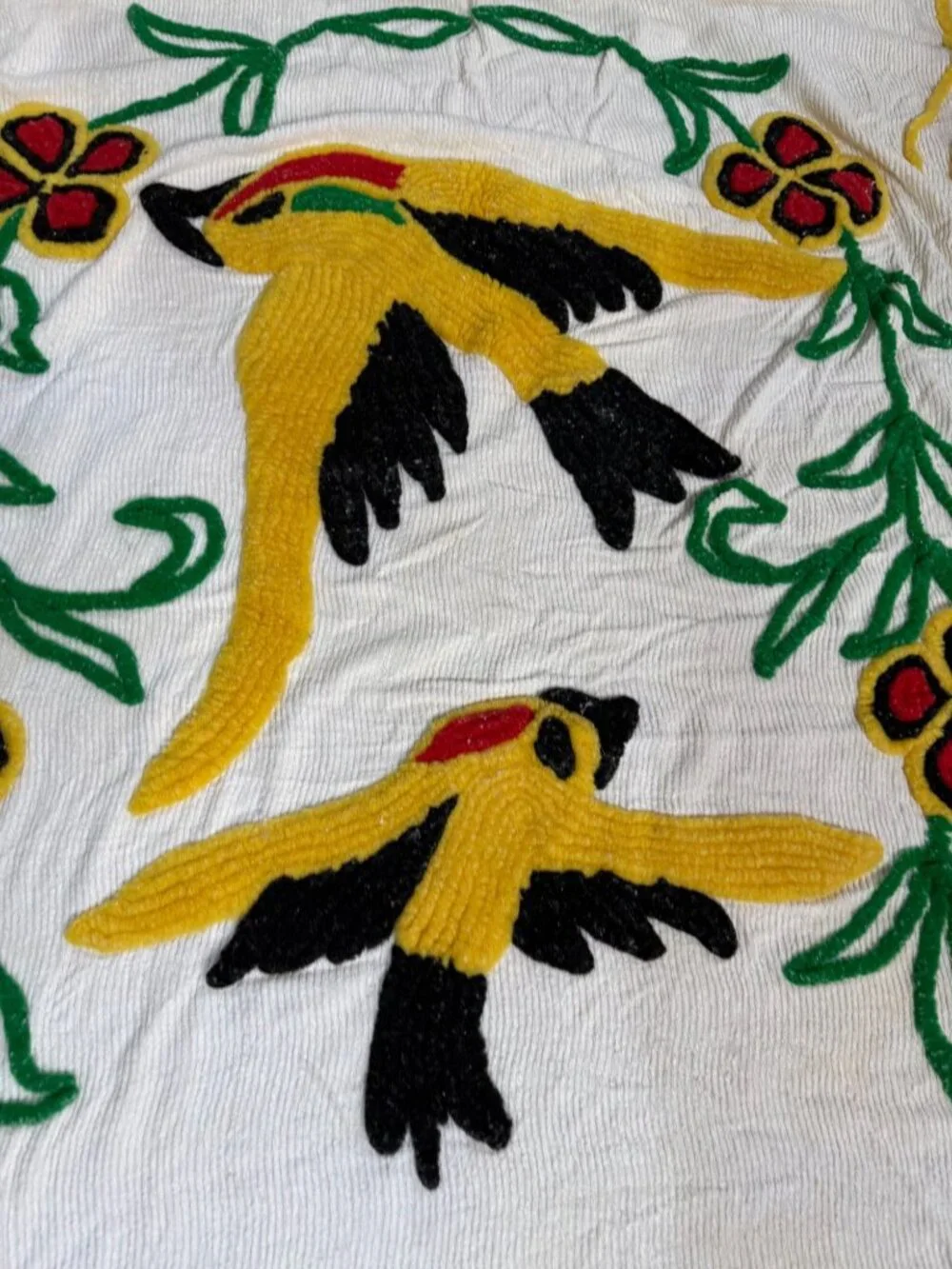 Vintage Chenille Bedspread Yellow Birds Floral Fringed Edges 89